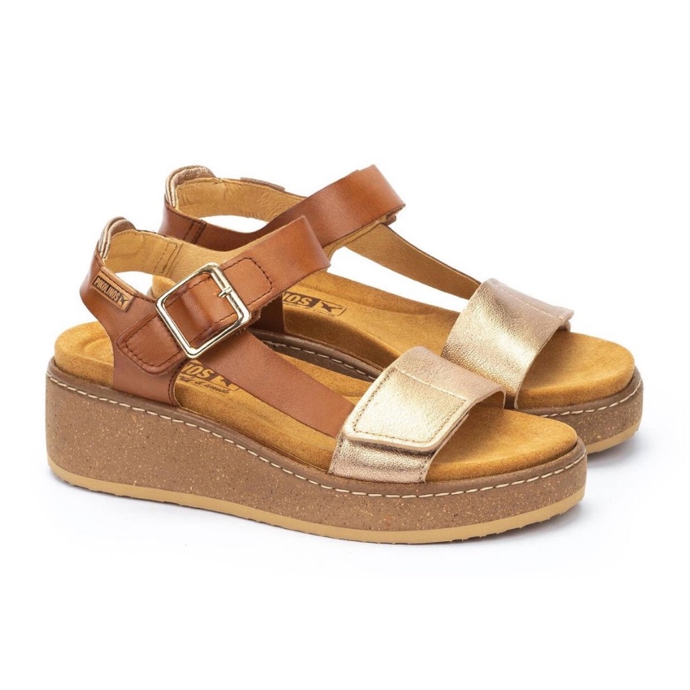 Pikolinos Alzira Wedge Platform Sandal Hook Loop Brandy Brown Gold Leather US 11